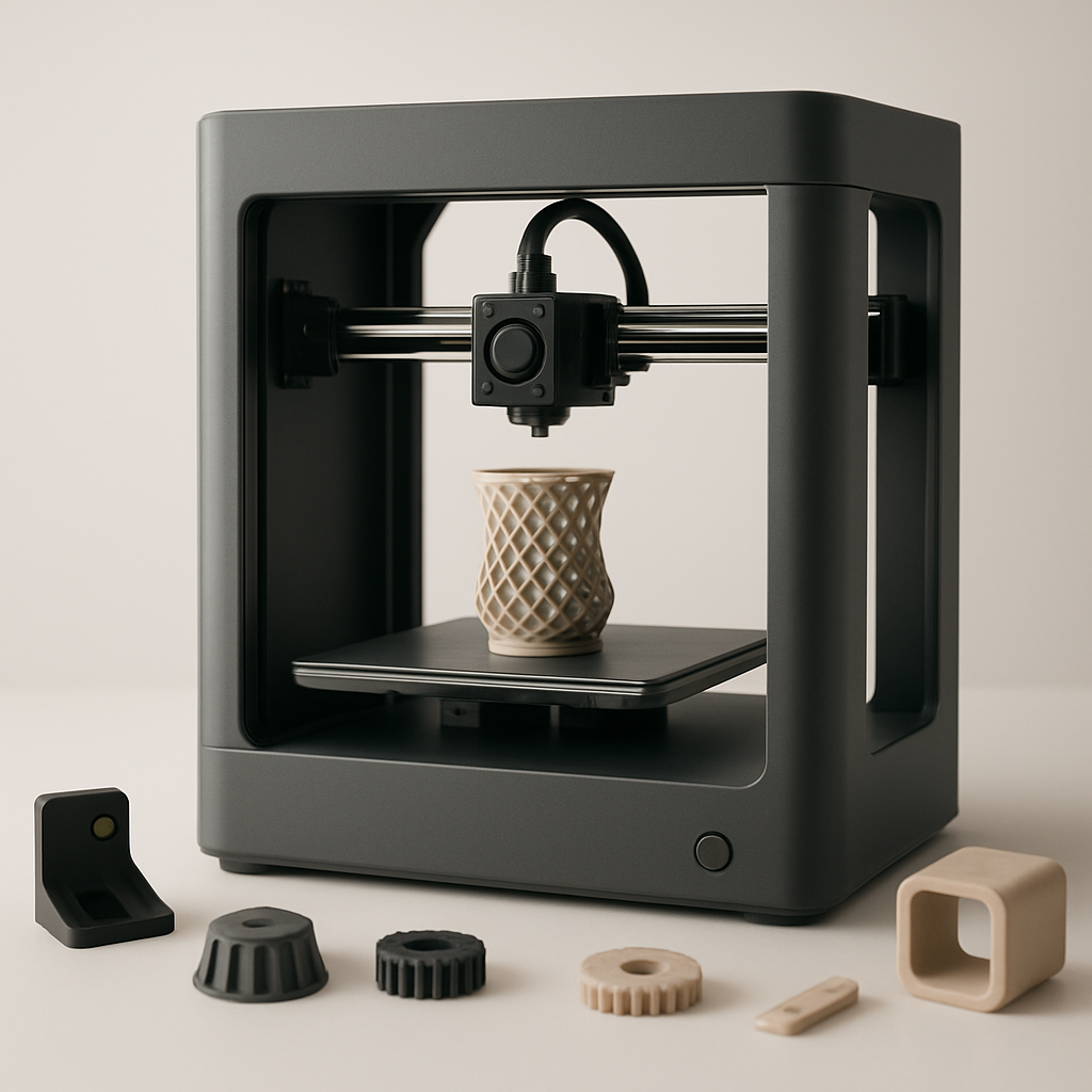 Impressora 3D produzindo uma peça ao lado de objetos impressos com acabamento premium